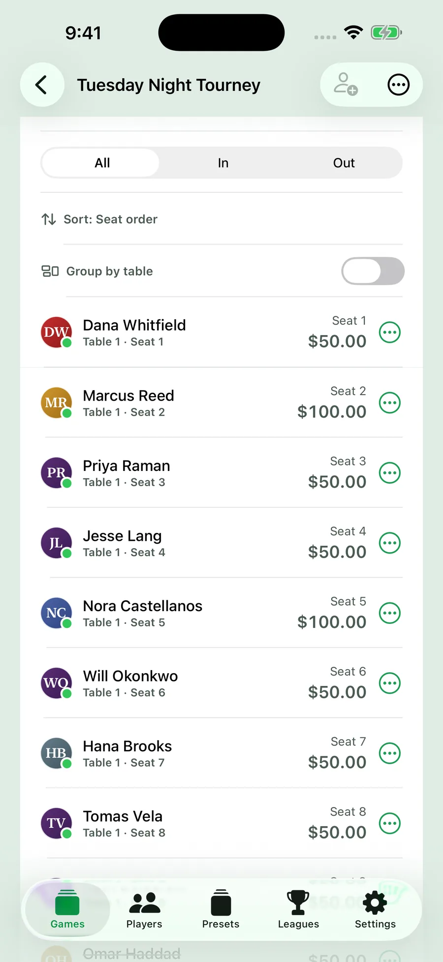 Felt: game ledger with buy-ins, rebuys, and cashouts