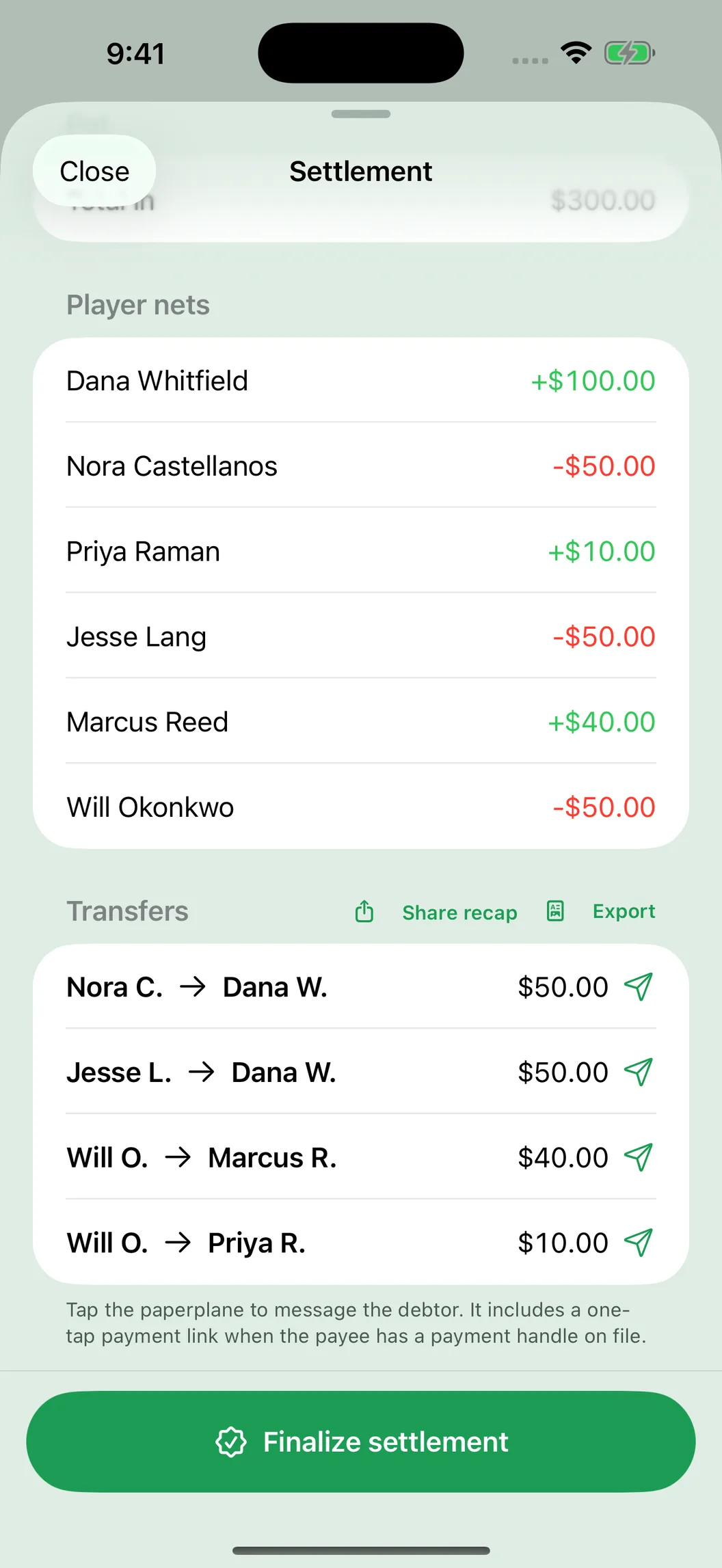 Felt: settlement screen with one-tap payment transfers