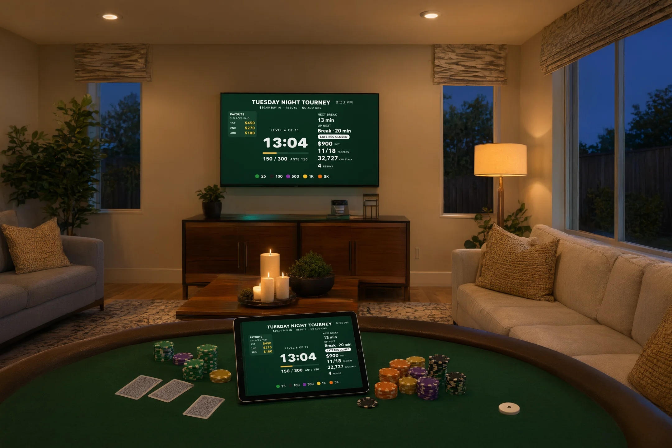Felt on iPad running a tournament blind clock, AirPlayed to a TV behind the table